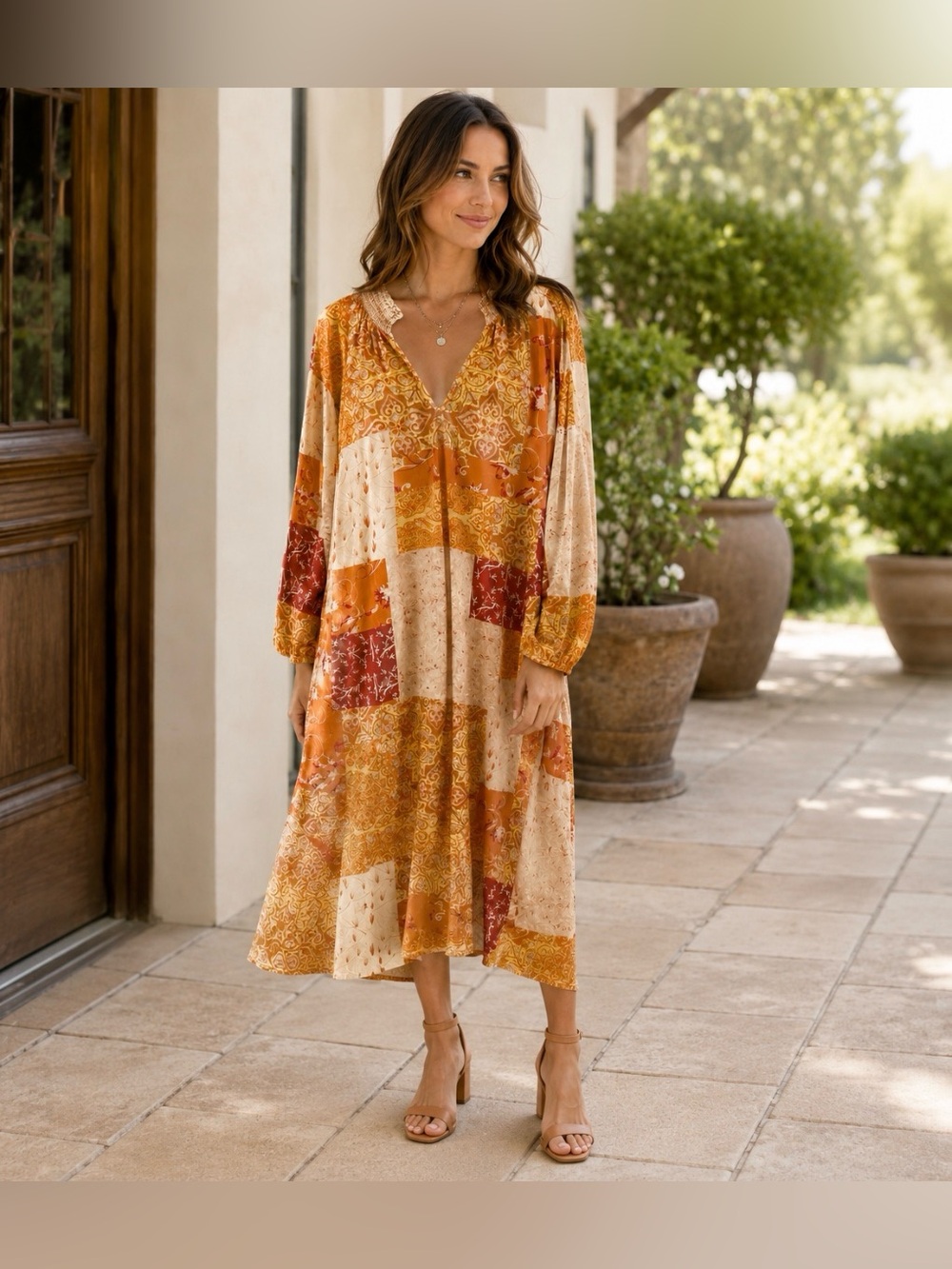 Zara Dress Maxi Kaftan Style Rich Orange Gold Hues Size M